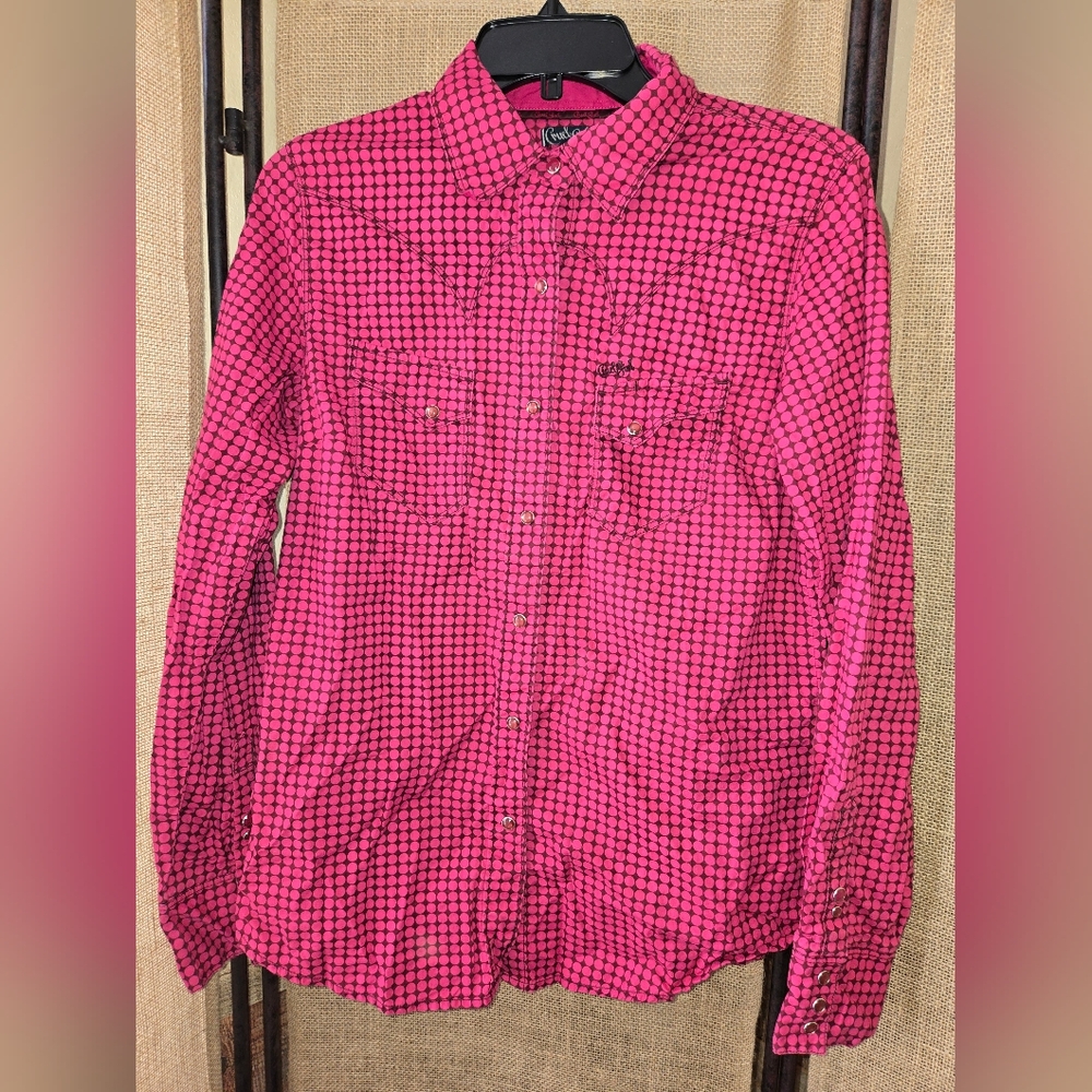 Women's Cruel Girl Pink/Brown Polka Dot Pearl Snap Shirt Size Large